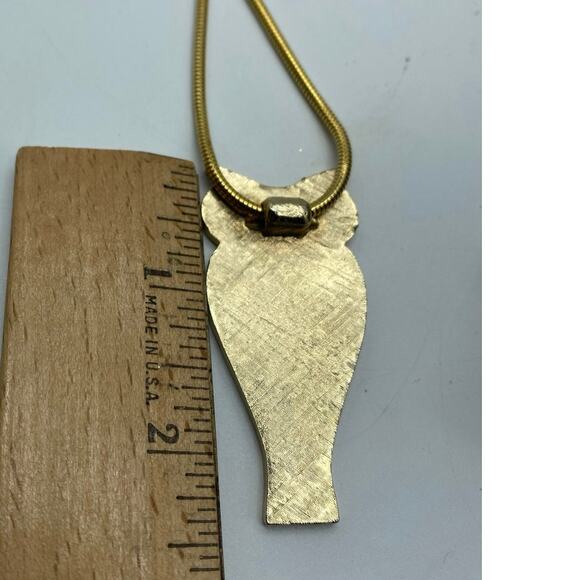 Vintage Gold tone with Green And Yellow enamel Owl Pendant Necklace boho 70s - Picture 5 of 8